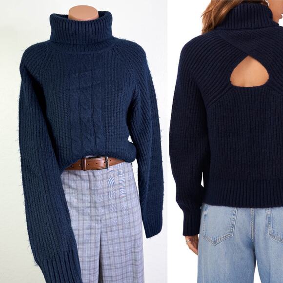 Cable Knit Back Cutout Turtleneck Sweater Navy XL Minimalist Chunky Preppy NWT - Picture 1 of 12